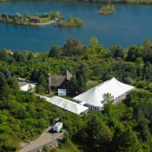 Arial view of white tent event in Dewitt NY