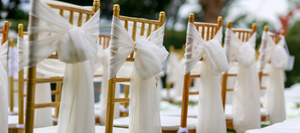 Wedding chairs setup with a white bow tied on the back